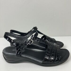 ECCO Sensata T-Strap Wedge Sandals Black Embossed Leather‎ Alligator Print EU 36
